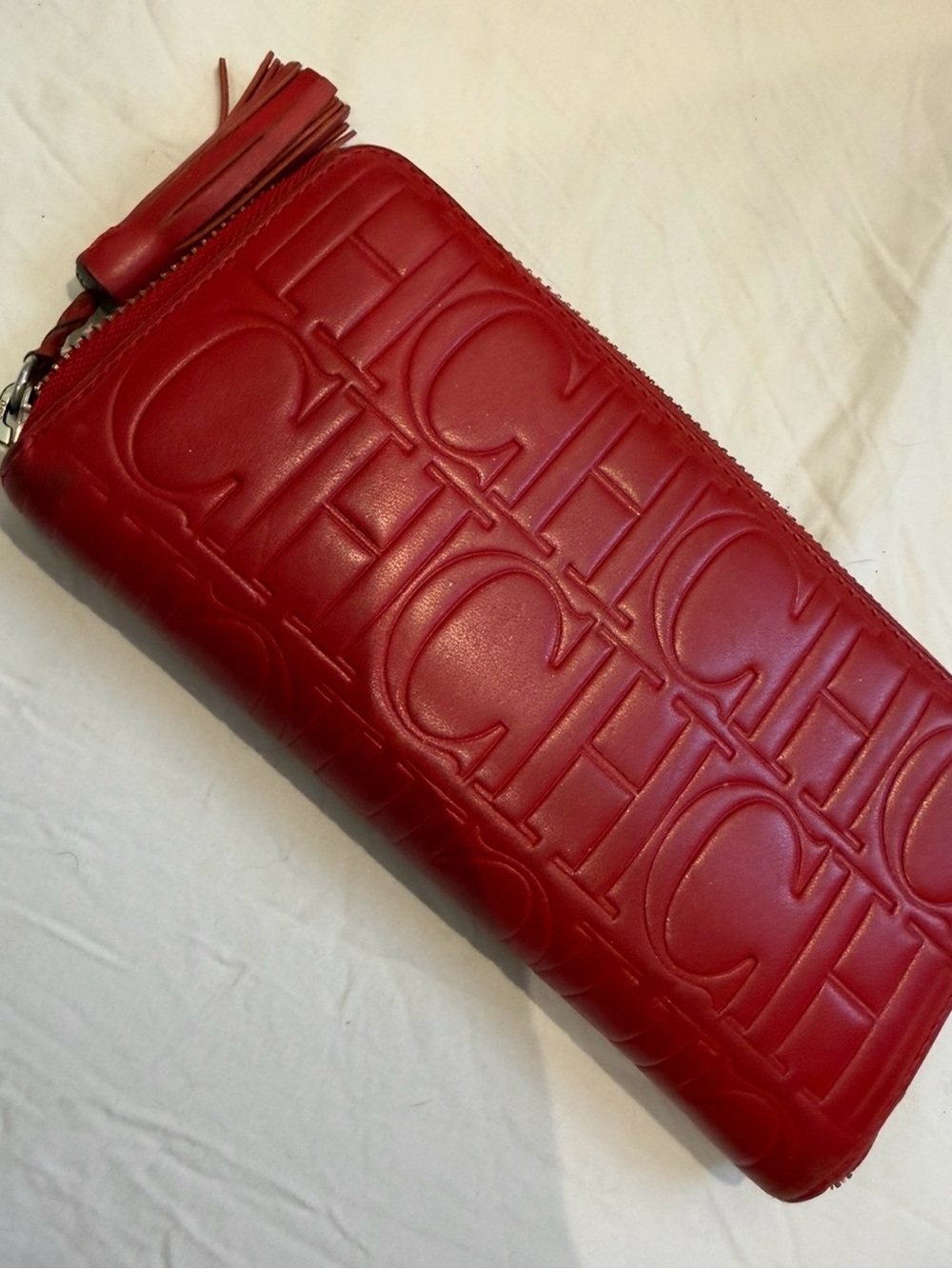 Carolina Herrera Red Embossed Leather Zip Wallet